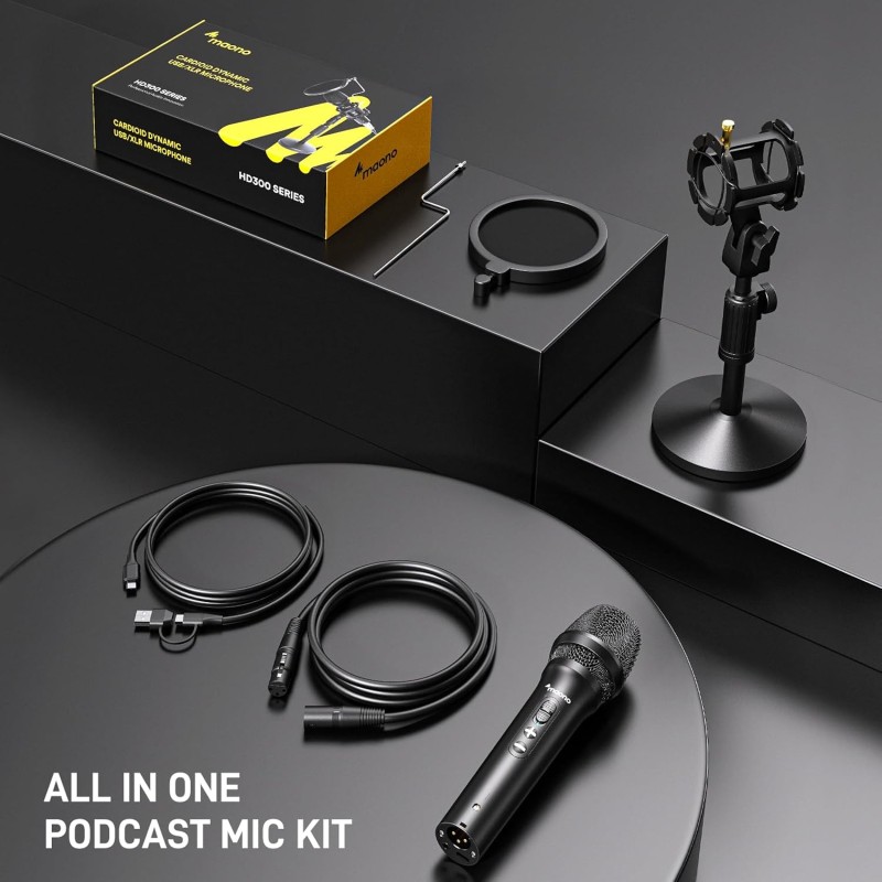 Maono AU-HD300T USB/XLR Dynamic Mic for Singing, PC, YouTube Recording. Professional Microphone with 0-Latency Monitoring, Volume Control, Adjustable Mic Stand, Shock Mount and Pop Filter, Black Maono AU-HD300T USB/XLR Dynamic Mic for Singing, PC, YouTube Recording. Professional Microphone with 0-Latency Monitoring, Volume Control, Adjustable Mic Stand, Shock Mount and Pop Filter, Black