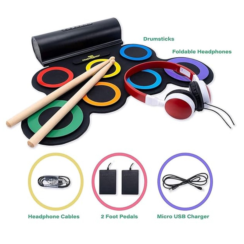 Powerpak G3001L-R Electronic Drum Kit | Built-In Li-Battery 2000mAh & Roll Up Drum Pad | Portable Rechargeable with Built-In Dual Speaker | 2x Pedals/2x Sticks/1x Headphone (Rainbow) Powerpak G3001L-R Electronic Drum Kit | Built-In Li-Battery 2000mAh & Roll Up Drum Pad | Portable Rechargeable with Built-In Dual Speaker | 2x Pedals/2x Sticks/1x Headphone (Rainbow)