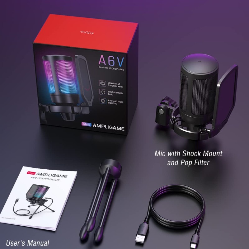 Fifine A6V USB Gaming Condenser Microphone with RGB, Quick Mute, Pop Filter, Shock Mount & Gain Control � Ideal for PC, PS5, Streaming, Discord, Twitch, Podcasts & Videos (Black) Fifine A6V USB Gaming Condenser Microphone with RGB, Quick Mute, Pop Filter, Shock Mount & Gain Control � Ideal for PC, PS5, Streaming, Discord, Twitch, Podcasts & Videos (Black)