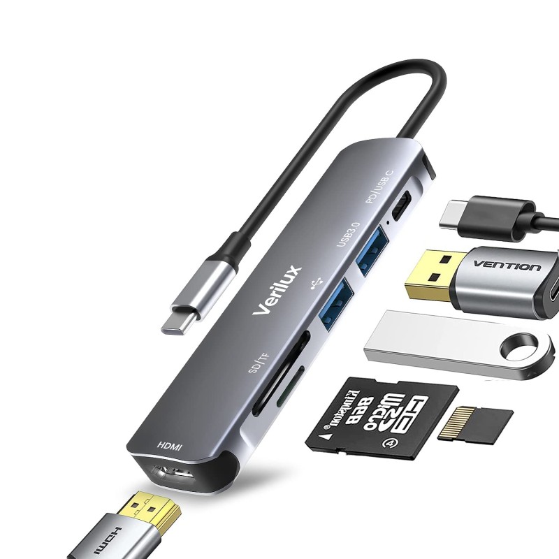 Verilux® USB C Hub 6 in 1 with 87W Power Delivery & USB C Data Transfer Multiport Adapter with 4K@30Hz HDMI SD/TF Card Reader 3.0 USB Hub Type C Hub for MacBook iPhone with Storage Bag 24CM Long Cable Verilux® USB C Hub 6 in 1 with 87W Power Delivery & USB C Data Transfer Multiport Adapter with 4K@30Hz HDMI SD/TF Card Reader 3.0 USB Hub Type C Hub for MacBook iPhone with Storage Bag 24CM Long Cable