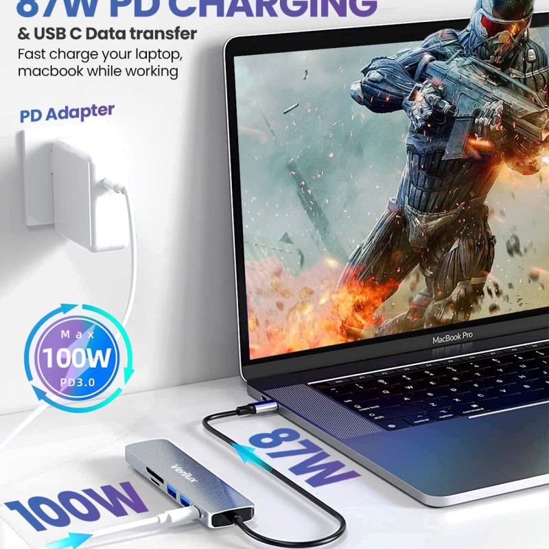 Verilux® USB C Hub 6 in 1 with 87W Power Delivery & USB C Data Transfer Multiport Adapter with 4K@30Hz HDMI SD/TF Card Reader 3.0 USB Hub Type C Hub for MacBook iPhone with Storage Bag 24CM Long Cable Verilux® USB C Hub 6 in 1 with 87W Power Delivery & USB C Data Transfer Multiport Adapter with 4K@30Hz HDMI SD/TF Card Reader 3.0 USB Hub Type C Hub for MacBook iPhone with Storage Bag 24CM Long Cable
