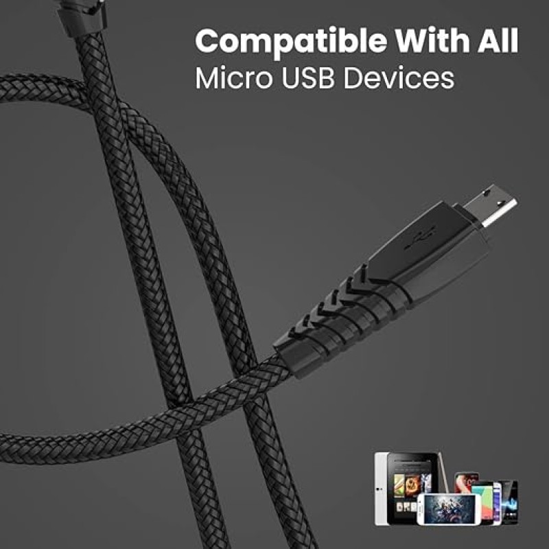 Portronics Konnect B Micro USB Cables For Fast Charging & Data Sync 3.0 Amp with PVC Heads I Nylon Braided I 1 mtr(Black)