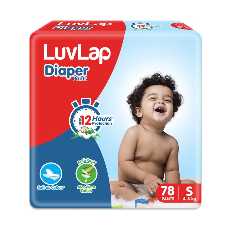 LuvLap Pant Style Baby Diapers, Small (S), 78 Count, For babies of Upto 4-8Kg with Aloe Vera Lotion for rash protection, with upto 12hr protection, Diapers LuvLap Pant Style Baby Diapers, Small (S), 78 Count, For babies of Upto 4-8Kg with Aloe Vera Lotion for rash protection, with upto 12hr protection, Diapers