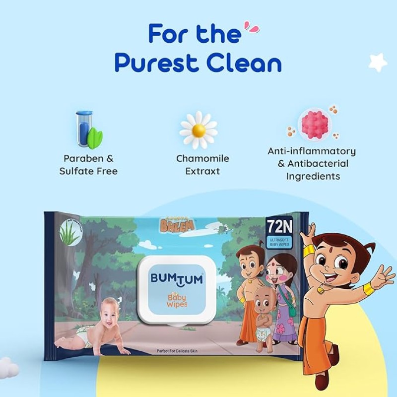 Bumtum Baby Chota Bheem Gentle Soft Moisturizing Wet Wipes With Lid | Aloe Vera & Chamomile Extracts | Paraben & Sulfate Free (Pack of 1, 72 Pcs. Per Pack) Bumtum Baby Chota Bheem Gentle Soft Moisturizing Wet Wipes With Lid | Aloe Vera & Chamomile Extracts | Paraben & Sulfate Free (Pack of 1, 72 Pcs. Per Pack)