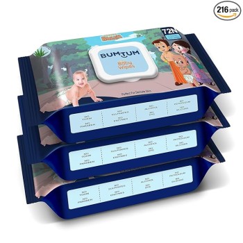 Bumtum Baby Chota Bheem Gentle Soft Moisturizing Wet Wipes With Lid | 20 X 14Cm, Aloe Vera & Chamomile Extracts | Paraben & Sulfate Free (Pack of 3, 72 Pcs. Per Pack)