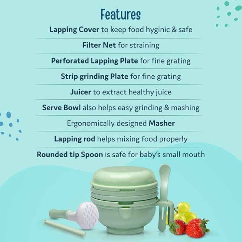 LuvLap 9 in 1 Baby Food Masher Mill, Food Grinder Cum Processor, with Multifunction Textured Mashing & Filtering Plates, with Serving Bowl (Light Green) LuvLap 9 in 1 Baby Food Masher Mill, Food Grinder Cum Processor, with Multifunction Textured Mashing & Filtering Plates, with Serving Bowl (Light Green)