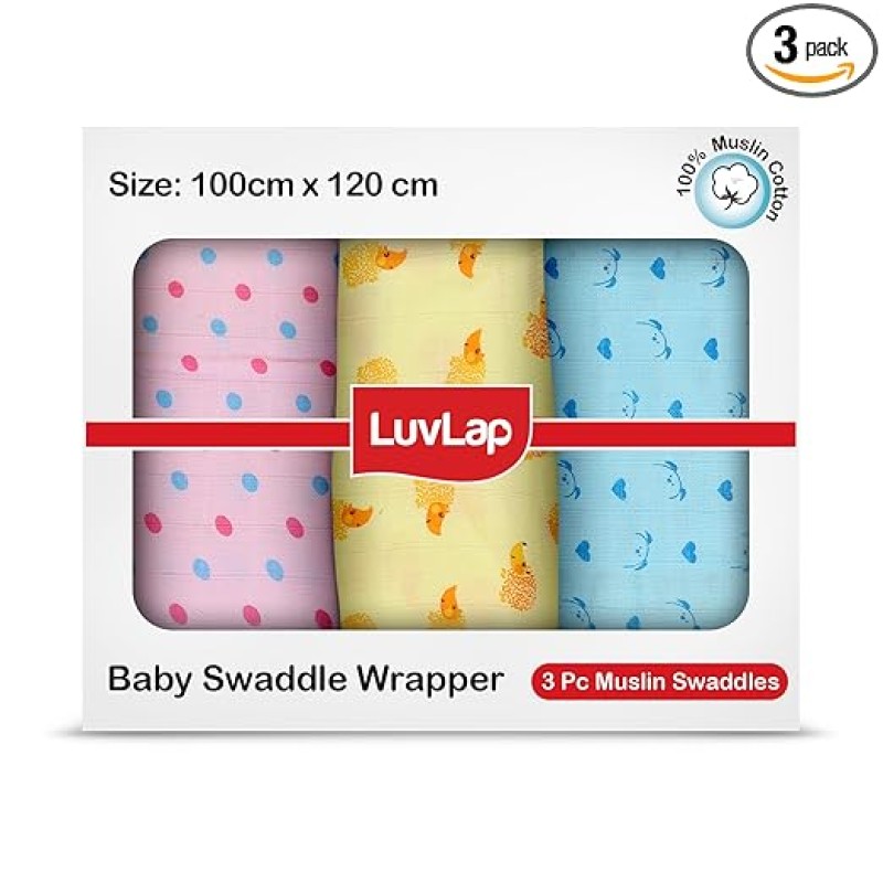 LuvLap 100% Cotton Muslin Baby Swaddle Set, Baby Towel, Size-120cm x 100cm (47"x39"), Dots Hearts Print, 0-18 Month+, Printed Mulmal Muslin Swaddle Wrap for New Born, Pack of 3 LuvLap 100% Cotton Muslin Baby Swaddle Set, Baby Towel, Size-120cm x 100cm (47"x39"), Dots Hearts Print, 0-18 Month+, Printed Mulmal Muslin Swaddle Wrap for New Born, Pack of 3