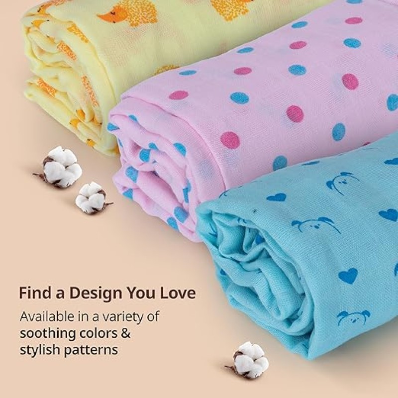 LuvLap 100% Cotton Muslin Baby Swaddle Set, Baby Towel, Size-120cm x 100cm (47"x39"), Dots Hearts Print, 0-18 Month+, Printed Mulmal Muslin Swaddle Wrap for New Born, Pack of 3 LuvLap 100% Cotton Muslin Baby Swaddle Set, Baby Towel, Size-120cm x 100cm (47"x39"), Dots Hearts Print, 0-18 Month+, Printed Mulmal Muslin Swaddle Wrap for New Born, Pack of 3