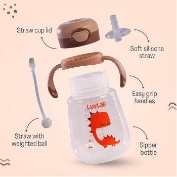 LuvLap Baby Bite Resistant Soft Silicone Straw Sipper Cup with Handle, with Weighted Straw, Sippy Cup with Anti Spill Lock, BPA Free, 6m+, 300 ml, Brown
