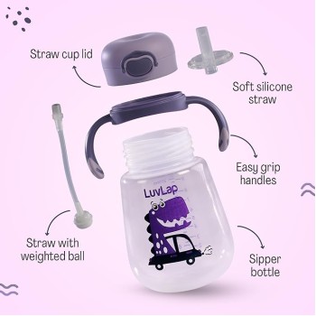 LuvLap Baby Bite Resistant Soft Silicone Straw Sipper Cup with Handle, with Weighted Straw, Sippy Cup with Anti Spill Lock, BPA Free, 6m+, 300 ml, Purple