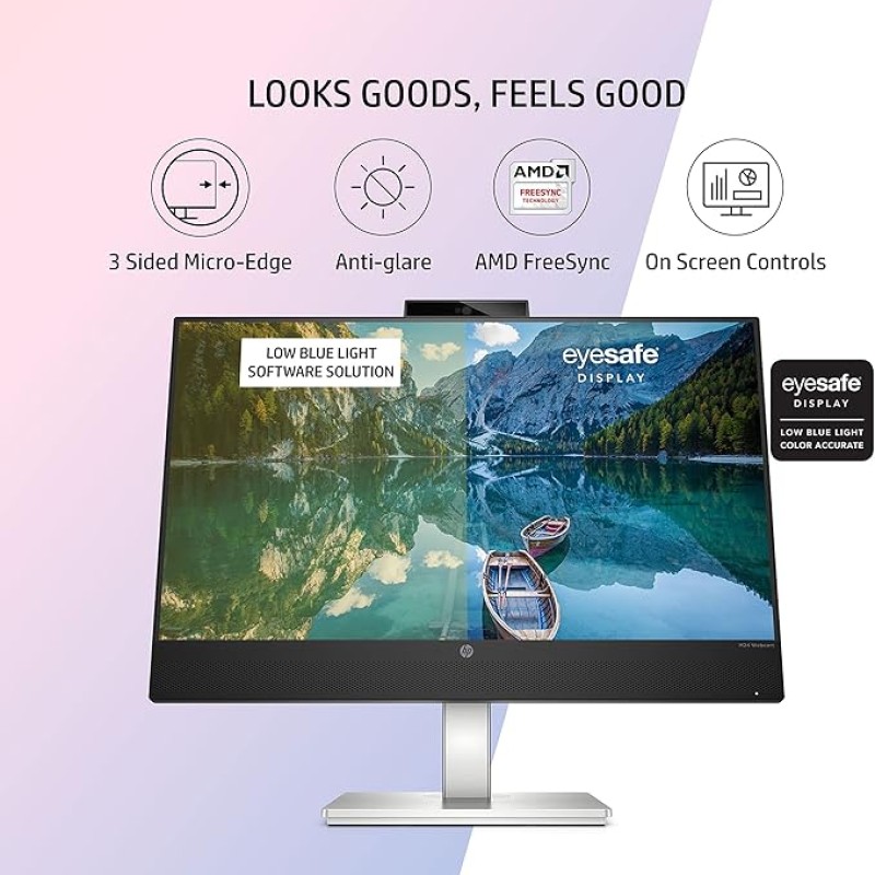HP M24 23.8-inch(60.45 cm) LED 1923 x 1080 Pixels FHD IPS 3-Sided Micro-Edge Monitor, AMD FreeSync, 5 MP Webcam, 75Hz, 99% sRGB, 1xHDMI 1.4, 300 nits(459J4AA), M24 Webcam Monitor, Black HP M24 23.8-inch(60.45 cm) LED 1923 x 1080 Pixels FHD IPS 3-Sided Micro-Edge Monitor, AMD FreeSync, 5 MP Webcam, 75Hz, 99% sRGB, 1xHDMI 1.4, 300 nits(459J4AA), M24 Webcam Monitor, Black