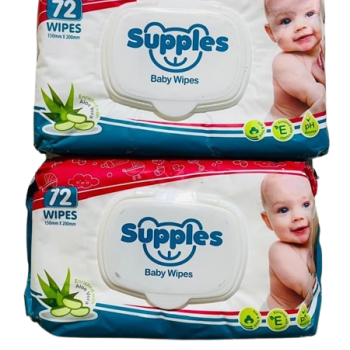 Supples Baby Wet Wipes with Lid | 144 Wipes | 72 Wipes x 2 Packs | Enriched With Aloe Vera and Vitamin E | Alcohol-Free and Paraben-Free | Pure Water-Based formulation