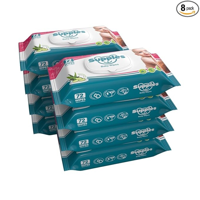 Supples Baby Wet Wipes with Lid | 576 Wipes | 72 Wipes x 8 Packs | Enriched With Aloe Vera and Vitamin E | Alcohol-Free and Paraben-Free | Pure Water-Based formulation Supples Baby Wet Wipes with Lid | 576 Wipes | 72 Wipes x 8 Packs | Enriched With Aloe Vera and Vitamin E | Alcohol-Free and Paraben-Free | Pure Water-Based formulation