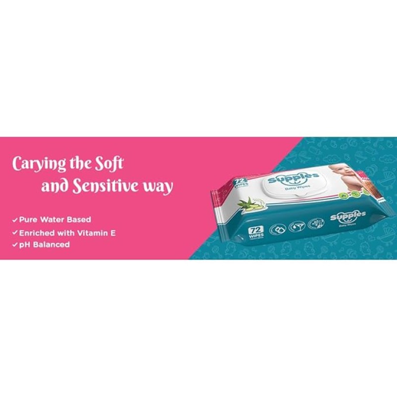 Supples Baby Wet Wipes with Lid | 576 Wipes | 72 Wipes x 8 Packs | Enriched With Aloe Vera and Vitamin E | Alcohol-Free and Paraben-Free | Pure Water-Based formulation Supples Baby Wet Wipes with Lid | 576 Wipes | 72 Wipes x 8 Packs | Enriched With Aloe Vera and Vitamin E | Alcohol-Free and Paraben-Free | Pure Water-Based formulation
