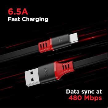 boAt Type C A750 6.5A Flat Super Fast Charging Cable w/Stress Resistance, Upto 65W/6.5Amp & Compatible w/Xiaomi, Oneplus, Samsung, Vivo, Oppo,480 Mbps Data Transmission Speed(Rebellious Black), 1.5M boAt Type C A750 6.5A Flat Super Fast Charging Cable w/Stress Resistance, Upto 65W/6.5Amp & Compatible w/Xiaomi, Oneplus, Samsung, Vivo, Oppo,480 Mbps Data Transmission Speed(Rebellious Black), 1.5M