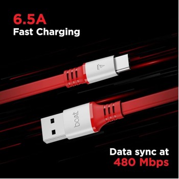 boAt Type C A750 6.5A Flat Super Fast Charging Cable w/Stress Resistance, Upto 65W/6.5Amp & Compatible w/Xiaomi, Oneplus, Samsung, Vivo, Oppo, 480 Mbps Data Transmission Speed(Radiant Red), 1.5M boAt Type C A750 6.5A Flat Super Fast Charging Cable w/Stress Resistance, Upto 65W/6.5Amp & Compatible w/Xiaomi, Oneplus, Samsung, Vivo, Oppo, 480 Mbps Data Transmission Speed(Radiant Red), 1.5M