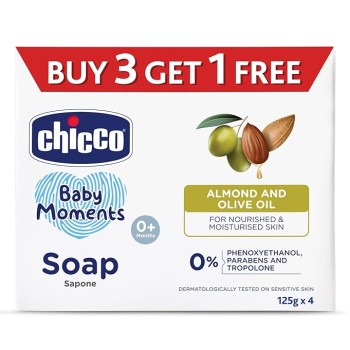 Chicco Baby Moments Bathing Soap for Babies with Almond & Olive Oil, 125g (Buy 3 Get 1 Free)| Nourished & Moisturized Skin| No Parabens | Dermatologically Tested on