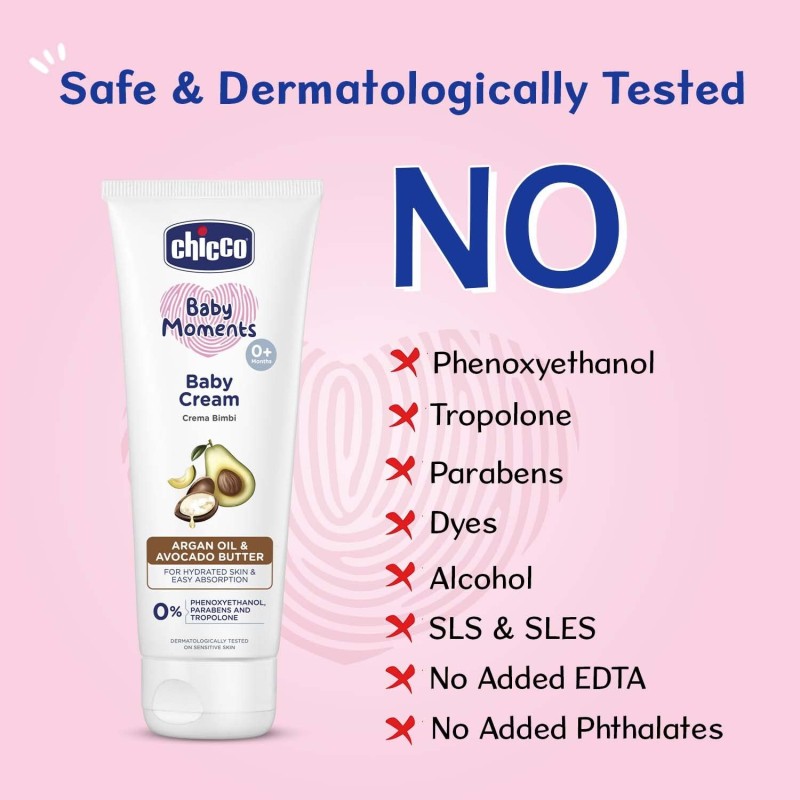 Chicco Baby Moments Baby Cream for Babies with Argan Oil & Avocado Butter, 100g| Natural Ingredients for Hydrated Skin | Dermatologically Tested | Phenoxyethanol, Parabens & Lauryl sulphates free