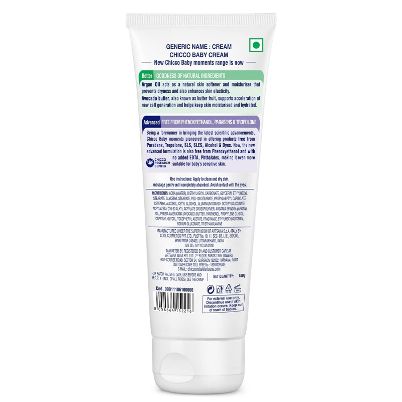Chicco Baby Moments Baby Cream for Babies with Argan Oil & Avocado Butter, 100g| Natural Ingredients for Hydrated Skin | Dermatologically Tested | Phenoxyethanol, Parabens & Lauryl sulphates free