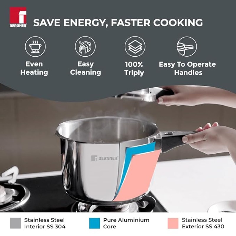 Bergner Sorrento Stainless Steel 2 Litres Outer Lid Pressure Cooker, 2 L Cooker with Outer Lid and Triply Base, Heavy Bottom, Easy Open and Close, Healthy Cooking, Induction Bottom and Gas Stove Ready Bergner Sorrento Stainless Steel 2 Litres Outer Lid Pressure Cooker, 2 L Cooker with Outer Lid and Triply Base, Heavy Bottom, Easy Open and Close, Healthy Cooking, Induction Bottom and Gas Stove Ready