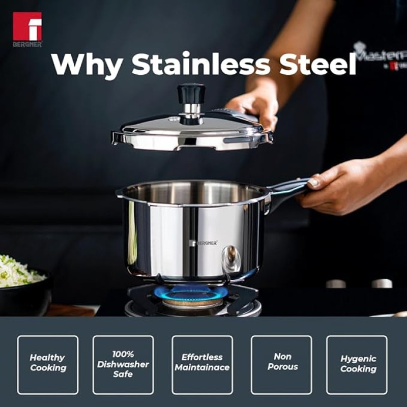 Bergner Sorrento Stainless Steel 2 Litres Outer Lid Pressure Cooker, 2 L Cooker with Outer Lid and Triply Base, Heavy Bottom, Easy Open and Close, Healthy Cooking, Induction Bottom and Gas Stove Ready Bergner Sorrento Stainless Steel 2 Litres Outer Lid Pressure Cooker, 2 L Cooker with Outer Lid and Triply Base, Heavy Bottom, Easy Open and Close, Healthy Cooking, Induction Bottom and Gas Stove Ready