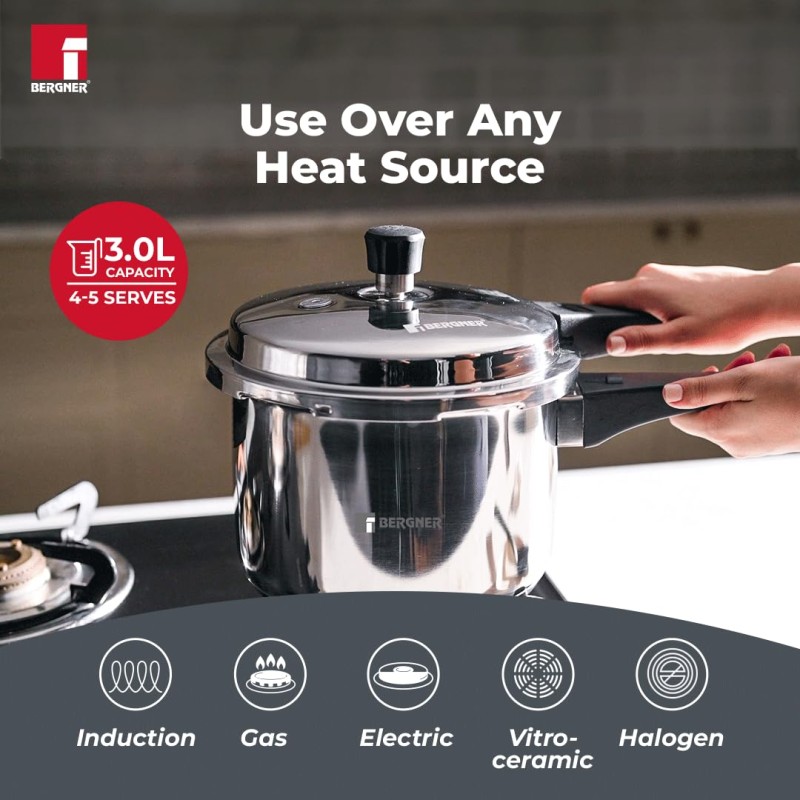 Bergner Sorrento Stainless Steel 3 Litres Outer Lid Pressure Cooker, 3 L Cooker with Outer Lid and Triply Base, Heavy Bottom, Easy Open and Close, Healthy Cooking, Induction Bottom and Gas Stove Ready Bergner Sorrento Stainless Steel 3 Litres Outer Lid Pressure Cooker, 3 L Cooker with Outer Lid and Triply Base, Heavy Bottom, Easy Open and Close, Healthy Cooking, Induction Bottom and Gas Stove Ready