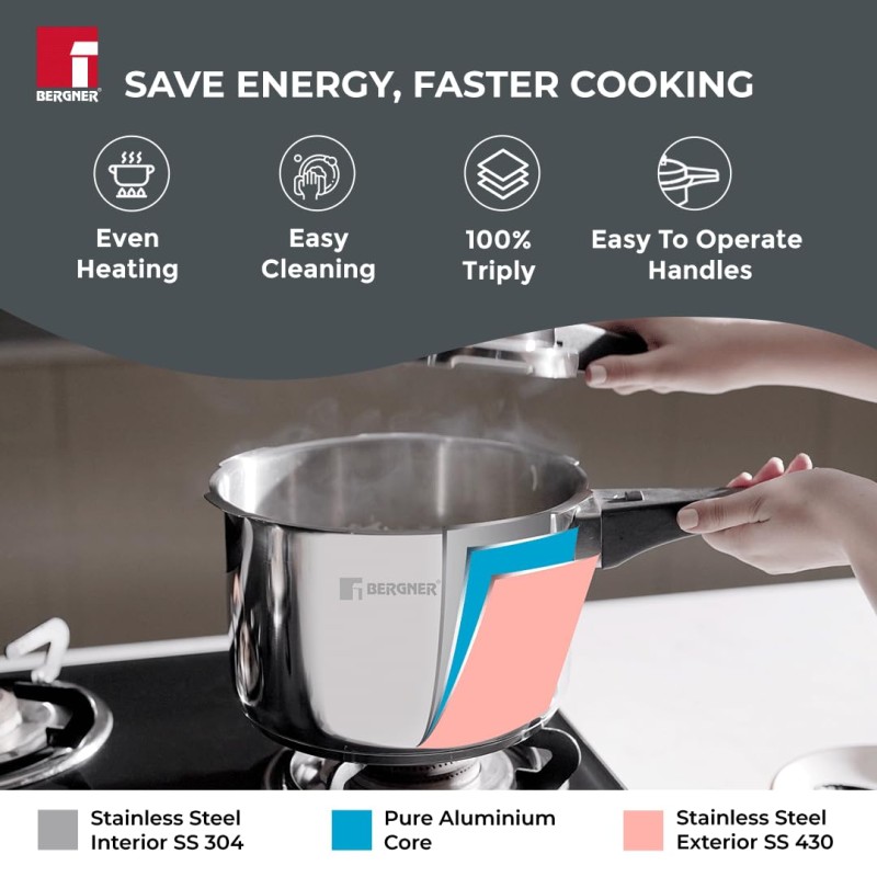 Bergner Sorrento Stainless Steel 3 Litres Outer Lid Pressure Cooker, 3 L Cooker with Outer Lid and Triply Base, Heavy Bottom, Easy Open and Close, Healthy Cooking, Induction Bottom and Gas Stove Ready Bergner Sorrento Stainless Steel 3 Litres Outer Lid Pressure Cooker, 3 L Cooker with Outer Lid and Triply Base, Heavy Bottom, Easy Open and Close, Healthy Cooking, Induction Bottom and Gas Stove Ready