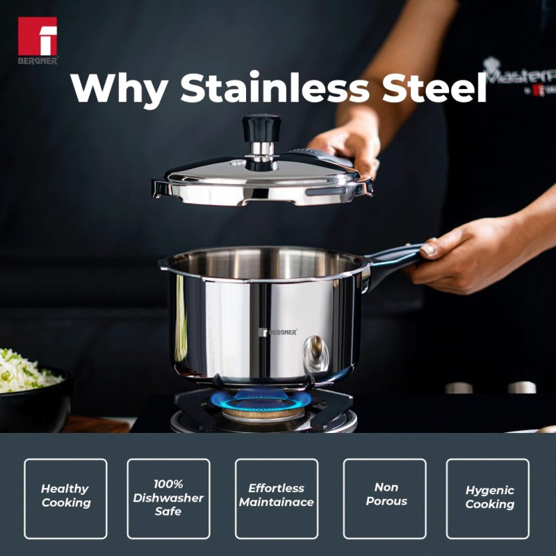 Bergner Sorrento Stainless Steel 3 Litres Outer Lid Pressure Cooker, 3 L Cooker with Outer Lid and Triply Base, Heavy Bottom, Easy Open and Close, Healthy Cooking, Induction Bottom and Gas Stove Ready Bergner Sorrento Stainless Steel 3 Litres Outer Lid Pressure Cooker, 3 L Cooker with Outer Lid and Triply Base, Heavy Bottom, Easy Open and Close, Healthy Cooking, Induction Bottom and Gas Stove Ready