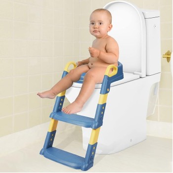 R for Rabbit Hilltop Potty Step Stool Training Seat with Ladder Step Up Non-Slip Steps Adjustable Foldable for Kids Baby 1 to 7 Years (Blue Yellow)