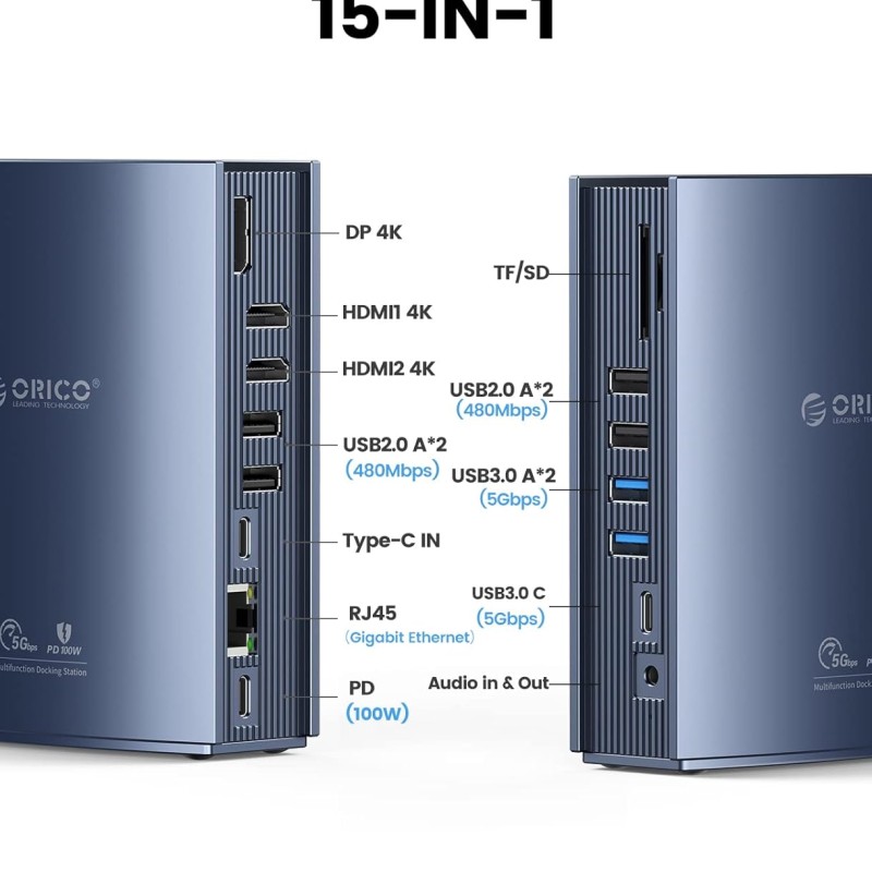 ORICO 15-in-1 USB C Triple Display Docking Station for MacBook Pro M1, Mac, Window with Dual 4K HDMI, 8 USB Ports, Display Port, 100W PD, RJ45, 3.5mm Audio, TF/SD Extended Display for macOS CDH-15N ORICO 15-in-1 USB C Triple Display Docking Station for MacBook Pro M1, Mac, Window with Dual 4K HDMI, 8 USB Ports, Display Port, 100W PD, RJ45, 3.5mm Audio, TF/SD Extended Display for macOS CDH-15N