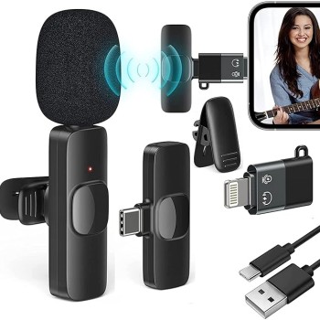 Careflection 2 in 1 K8 Wireless Microphone, Digital Mini Portable Recording Clip Mic with Receiver for All Type-C Lightning Mobile Phones Camera Laptop for Vlogging YouTube Online Class, Zoom Call