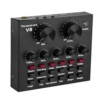 CEZO V8 plus Portable Audio Mixer Interface, Bluetooth Sound Card for Live Streaming/Recording/Podcast/Voice Change/Karaoke/Gaming/Singing with Sound Effects, 3.5mm Mic Jack for Guitar (V8 Black)