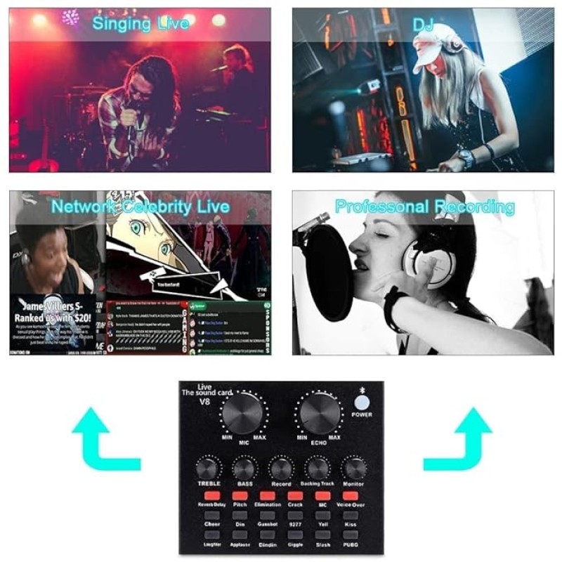 CEZO V8 plus Portable Audio Mixer Interface, Bluetooth Sound Card for Live Streaming/Recording/Podcast/Voice Change/Karaoke/Gaming/Singing with Sound Effects, 3.5mm Mic Jack for Guitar (V8 Black) CEZO V8 plus Portable Audio Mixer Interface, Bluetooth Sound Card for Live Streaming/Recording/Podcast/Voice Change/Karaoke/Gaming/Singing with Sound Effects, 3.5mm Mic Jack for Guitar (V8 Black)