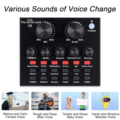 CEZO V8 plus Portable Audio Mixer Interface, Bluetooth Sound Card for Live Streaming/Recording/Podcast/Voice Change/Karaoke/Gaming/Singing with Sound Effects, 3.5mm Mic Jack for Guitar (V8 Black)