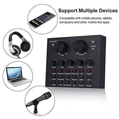 CEZO V8 plus Portable Audio Mixer Interface, Bluetooth Sound Card for Live Streaming/Recording/Podcast/Voice Change/Karaoke/Gaming/Singing with Sound Effects, 3.5mm Mic Jack for Guitar (V8 Black)