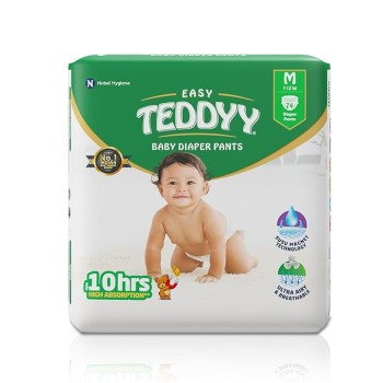 TEDDYY Baby Easy Pant Diapers Medium 74 Count (Pack of 1), 7-12 kgs, 10 hrs Leak Protection, Anti - Bacterial