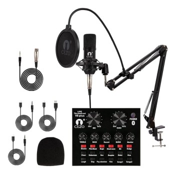 Cezo BM 800 Condenser Microphone Kit Set with V8 Sound Card, Boom Arm Stand, Pop Shield Recording Studio Equipment Full Set with 3.5mm Mic for Smartphones Live Streaming Youtubers - Black