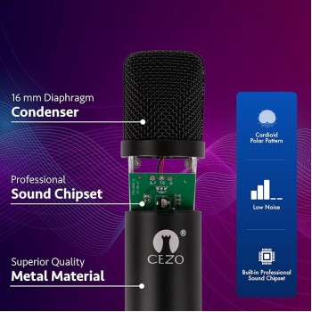 Cezo BM 800 Condenser Microphone Kit Set with V8 Sound Card, Boom Arm Stand, Pop Shield Recording Studio Equipment Full Set with 3.5mm Mic for Smartphones Live Streaming Youtubers - Black