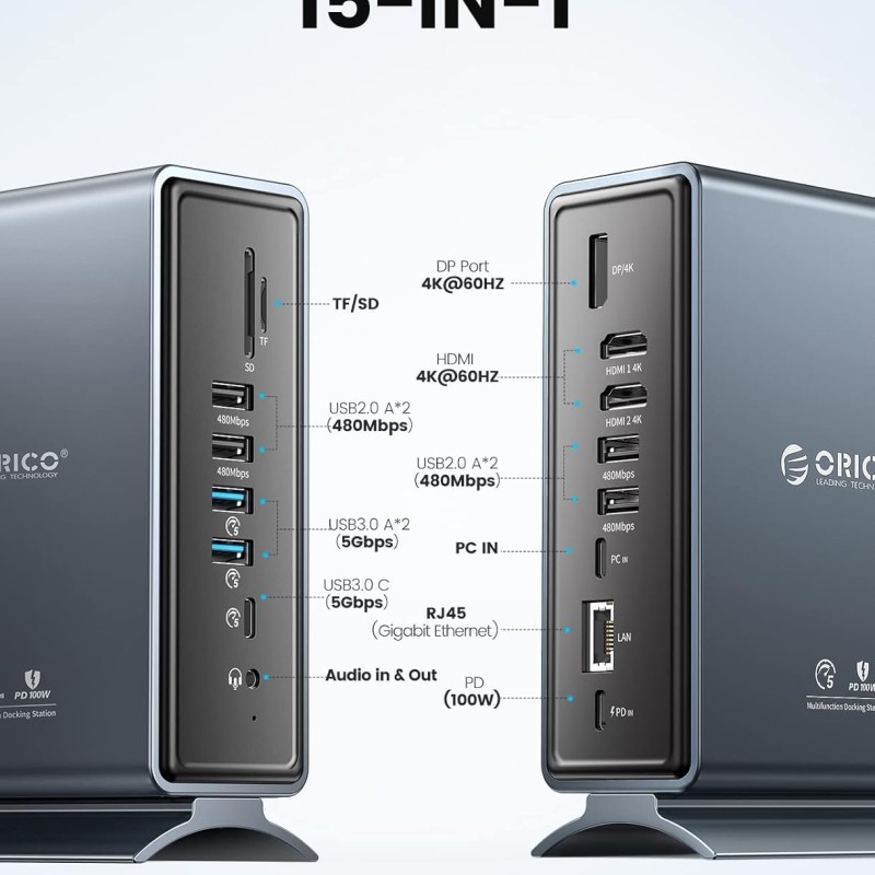 ORICO USB C Triple Display Docking Station for MacBook Pro M1, Mac, Window with Dual 4K HDMI, 8 USB Ports, Display Port, 100W PD, RJ45, 3.5mm Audio, TF/SD Extended Display for macOS ORICO USB C Triple Display Docking Station for MacBook Pro M1, Mac, Window with Dual 4K HDMI, 8 USB Ports, Display Port, 100W PD, RJ45, 3.5mm Audio, TF/SD Extended Display for macOS
