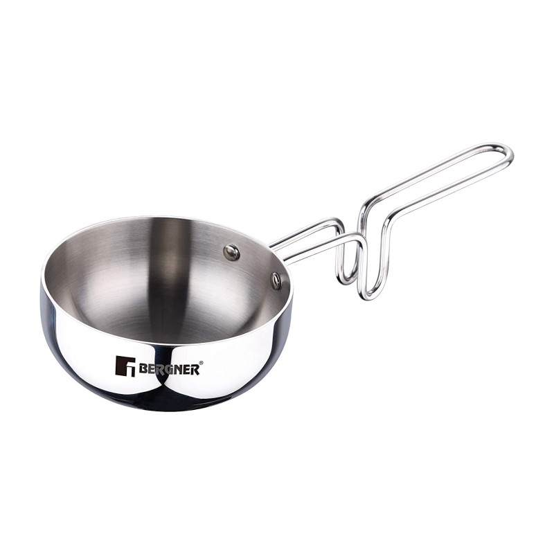 Bergner TriPro TriPly Stainless Steel 12cm Tadka Pan, 500ml Capacity, For Spice Tempering/Seasoning, Long Wire Handle, Laser-Etched Scale, Smooth Finished Surface, Induction Bottom and Gas Stove Ready Bergner TriPro TriPly Stainless Steel 12cm Tadka Pan, 500ml Capacity, For Spice Tempering/Seasoning, Long Wire Handle, Laser-Etched Scale, Smooth Finished Surface, Induction Bottom and Gas Stove Ready