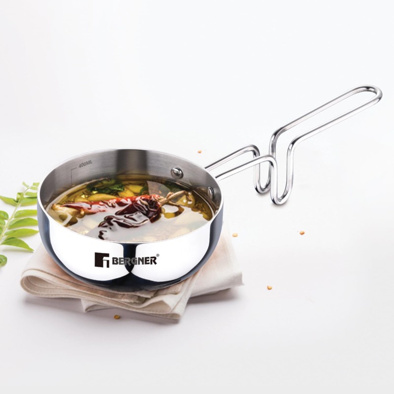 Bergner TriPro TriPly Stainless Steel 12cm Tadka Pan, 500ml Capacity, For Spice Tempering/Seasoning, Long Wire Handle, Laser-Etched Scale, Smooth Finished Surface, Induction Bottom and Gas Stove Ready Bergner TriPro TriPly Stainless Steel 12cm Tadka Pan, 500ml Capacity, For Spice Tempering/Seasoning, Long Wire Handle, Laser-Etched Scale, Smooth Finished Surface, Induction Bottom and Gas Stove Ready