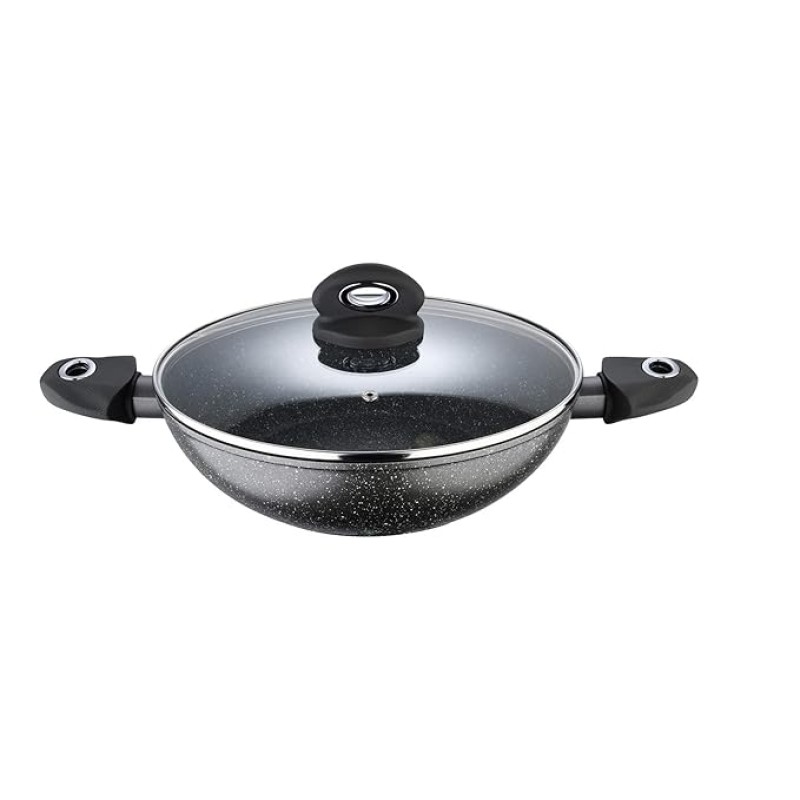 Bergner Orion NonStick 28 cm Kadai, Glass Lid, 3.3 L Capacity, 100% Recyclable, for Deep Fry/Stir-Fry/Curry, Textured Soft Touch Handles, Granite Finish, Induction Bottom, 1-Year Warranty by Bergner Bergner Orion NonStick 28 cm Kadai, Glass Lid, 3.3 L Capacity, 100% Recyclable, for Deep Fry/Stir-Fry/Curry, Textured Soft Touch Handles, Granite Finish, Induction Bottom, 1-Year Warranty by Bergner
