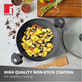 Bergner Orion NonStick 28 cm Kadai, Glass Lid, 3.3 L Capacity, 100% Recyclable, for Deep Fry/Stir-Fry/Curry, Textured Soft Touch Handles, Granite Finish, Induction Bottom, 1-Year Warranty by Bergner Bergner Orion NonStick 28 cm Kadai, Glass Lid, 3.3 L Capacity, 100% Recyclable, for Deep Fry/Stir-Fry/Curry, Textured Soft Touch Handles, Granite Finish, Induction Bottom, 1-Year Warranty by Bergner