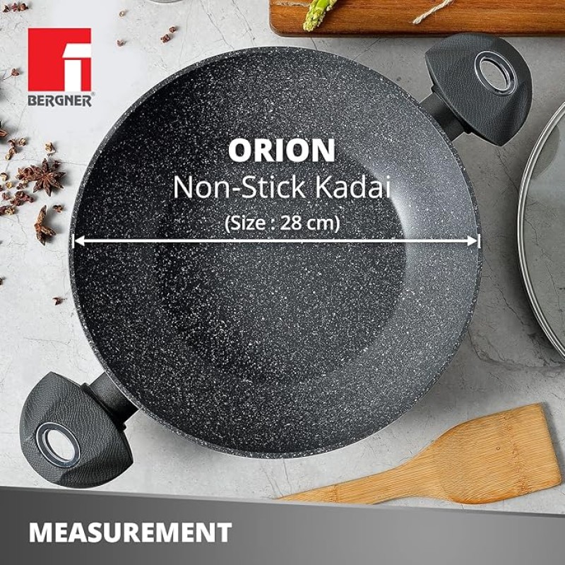 Bergner Orion NonStick 28 cm Kadai, Glass Lid, 3.3 L Capacity, 100% Recyclable, for Deep Fry/Stir-Fry/Curry, Textured Soft Touch Handles, Granite Finish, Induction Bottom, 1-Year Warranty by Bergner Bergner Orion NonStick 28 cm Kadai, Glass Lid, 3.3 L Capacity, 100% Recyclable, for Deep Fry/Stir-Fry/Curry, Textured Soft Touch Handles, Granite Finish, Induction Bottom, 1-Year Warranty by Bergner