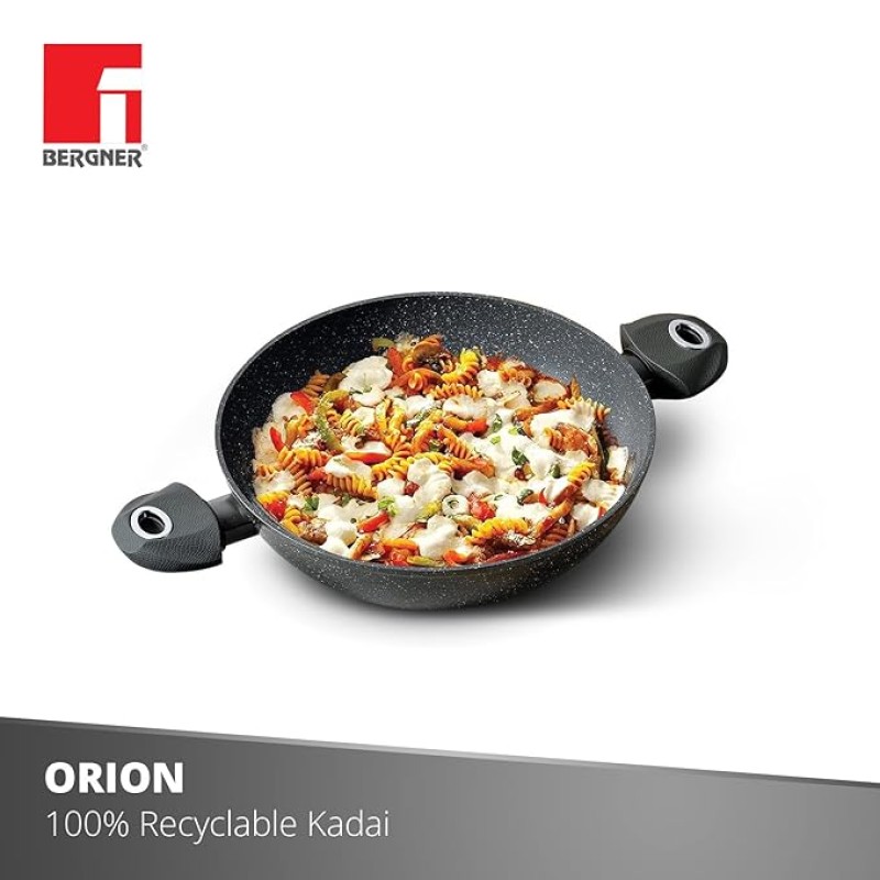 Bergner Orion NonStick 28 cm Kadai, Glass Lid, 3.3 L Capacity, 100% Recyclable, for Deep Fry/Stir-Fry/Curry, Textured Soft Touch Handles, Granite Finish, Induction Bottom, 1-Year Warranty by Bergner Bergner Orion NonStick 28 cm Kadai, Glass Lid, 3.3 L Capacity, 100% Recyclable, for Deep Fry/Stir-Fry/Curry, Textured Soft Touch Handles, Granite Finish, Induction Bottom, 1-Year Warranty by Bergner