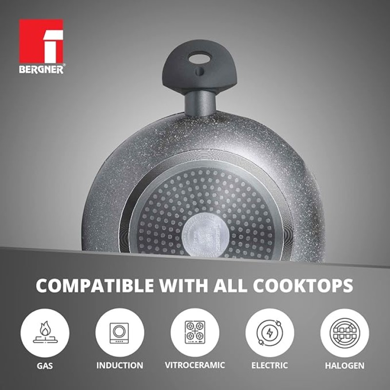 Bergner Orion NonStick 28 cm Kadai, Glass Lid, 3.3 L Capacity, 100% Recyclable, for Deep Fry/Stir-Fry/Curry, Textured Soft Touch Handles, Granite Finish, Induction Bottom, 1-Year Warranty by Bergner Bergner Orion NonStick 28 cm Kadai, Glass Lid, 3.3 L Capacity, 100% Recyclable, for Deep Fry/Stir-Fry/Curry, Textured Soft Touch Handles, Granite Finish, Induction Bottom, 1-Year Warranty by Bergner