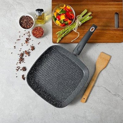 Bergner Orion NonStick 28 cm Grill Pan/Griddle, 100% Recyclable, for Low Oil Tikkas/Kebabs/Sandwiches/Stovetop Babeque, Textured Soft Touch Handle, Granite Finish, Induction & Gas Ready