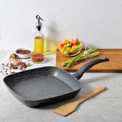 Bergner Orion NonStick 28 cm Grill Pan/Griddle, 100% Recyclable, for Low Oil Tikkas/Kebabs/Sandwiches/Stovetop Babeque, Textured Soft Touch Handle, Granite Finish, Induction & Gas Ready
