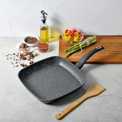 Bergner Orion NonStick 28 cm Grill Pan/Griddle, 100% Recyclable, for Low Oil Tikkas/Kebabs/Sandwiches/Stovetop Babeque, Textured Soft Touch Handle, Granite Finish, Induction & Gas Ready