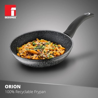 Bergner Orion NonStick 24 cm Fry Pan/ Skillet, 100% Recyclable, For Low Oil Sauté/Pancake/ Crepe/Eggs/Paratha/Toasts, Textured Soft Touch Handle, Granite Finish, Induction & Gas ready, 1-Year Warranty
